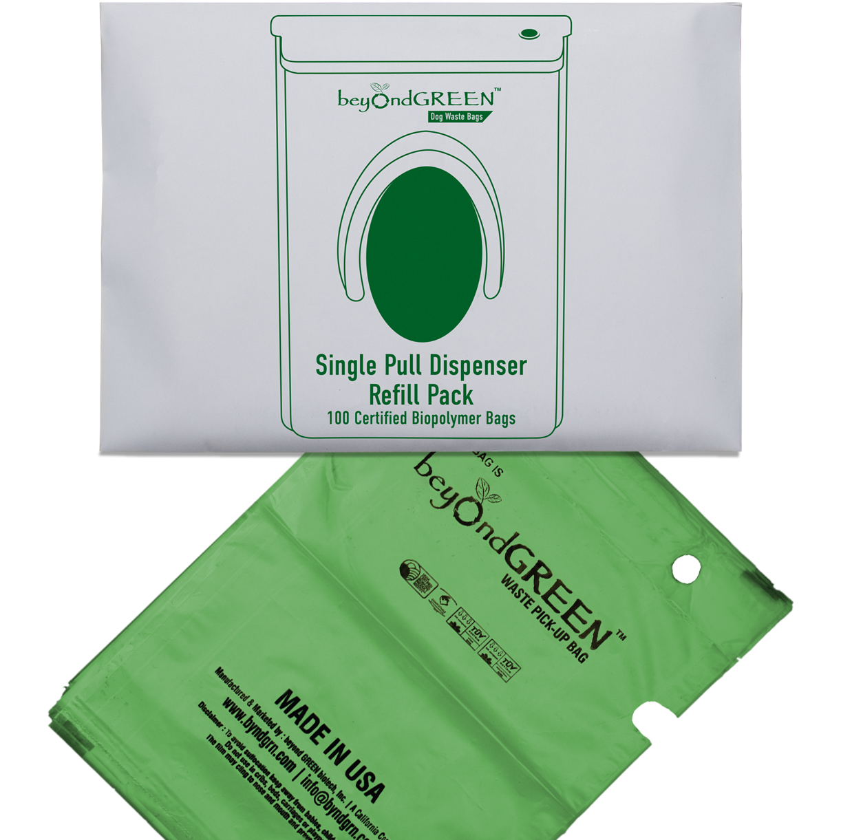 beyondGREEN Dog Waste Bags – Single-Pull Dispenser Refill Pack – Made in USA, Leak-Resistant, One-At-A-Time Dispensing (100 Bags per Pack)