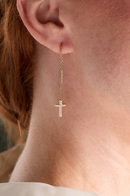 Cross Delicate Pave Crystal Threader Earrings