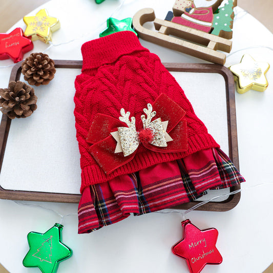 Christmas Sweater Knit Bow Dress for Dogs & Cats – Red Plaid