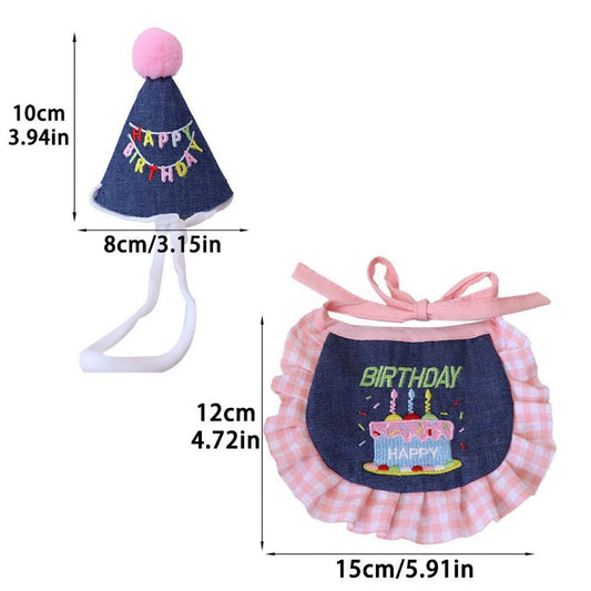 Pet birthday cone hat+bib set(cake denim)