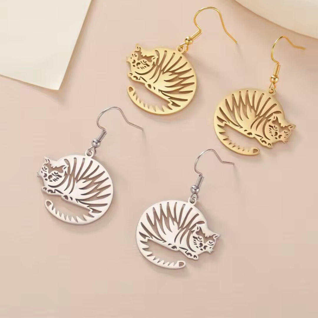 Cat Loaf Tiger Stripe Stainless Steel Earrings