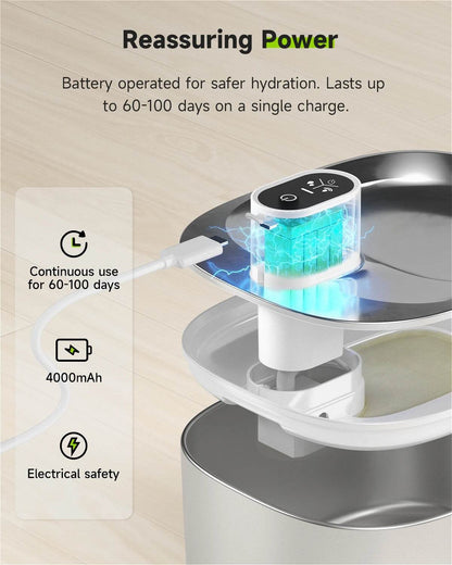 4L Wireless Cat Water Fountain - Auto Sensor Pet Drinking Fountain with Battery | Stainless Steel Cordless Water Dispenser for Dogs & Cats