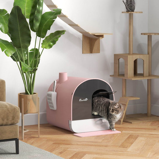 Pink Covered Cat Litter Box with Odor Filter - Complete Privacy Kit with Tray, Scoop & Mat | Compact Hooded Litter House