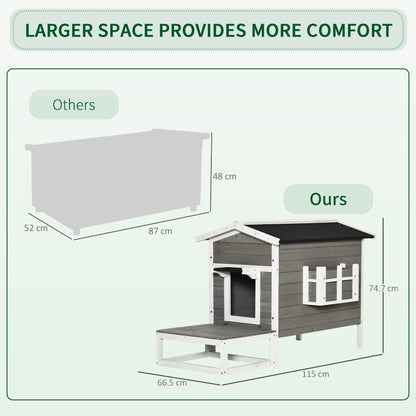 Weatherproof Outdoor Cat House with Porch & Escape Door - Feral Cat Shelter with Plant Stand | Dark Grey/White Wood Construction