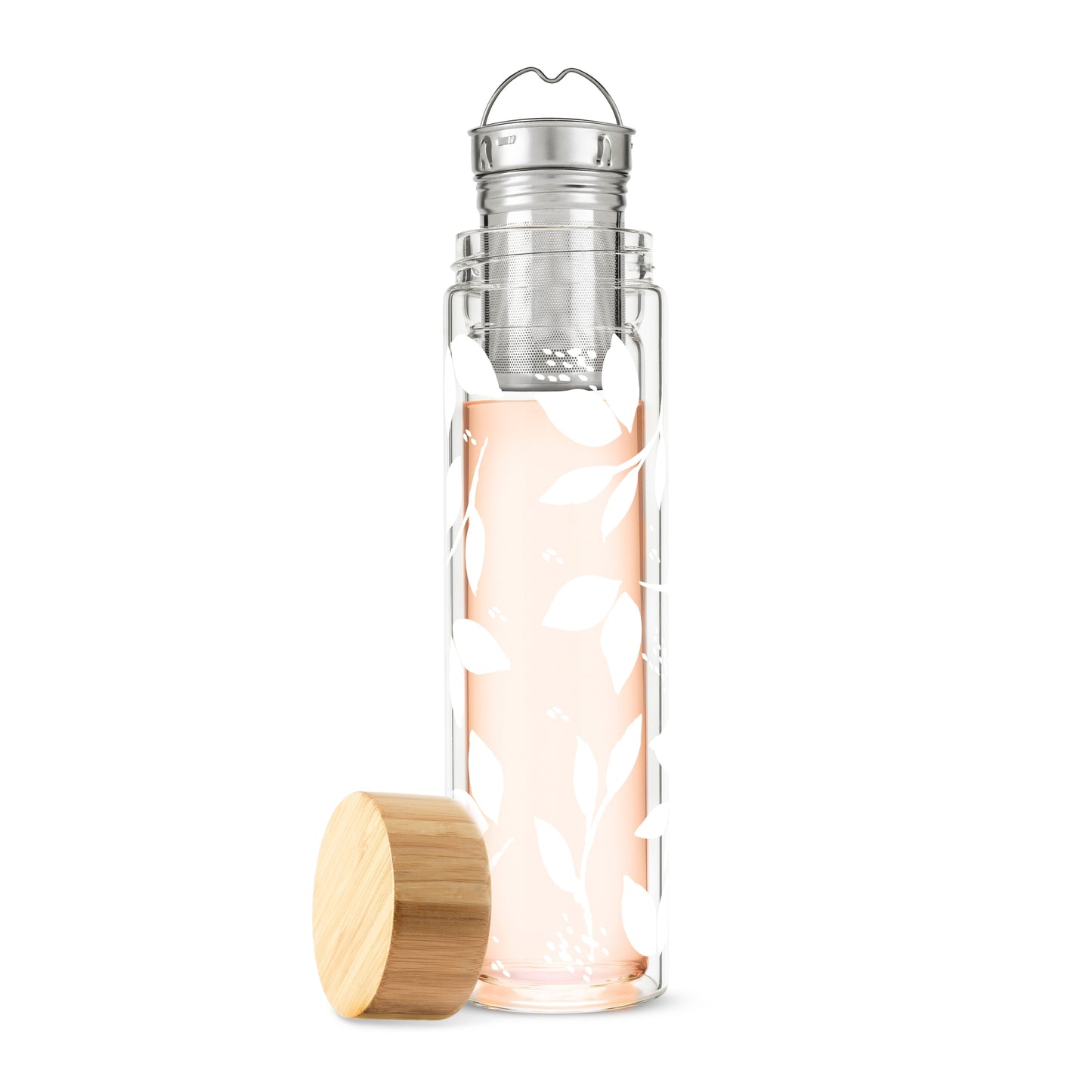 Blair: White Leaf Pattern Glass Travel Infuser Mug