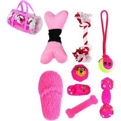 Pet Life ® 'Duffle Bag' 8 Piece Jute Rope and Rubberized Squeak Chew Pet Dog Toy Gift Set